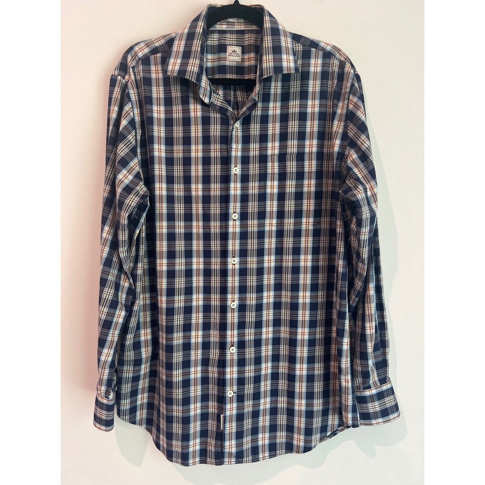 Peter Millar Mens Large Navy Blue Orange Plaid Cotton Long Sleeve Button Shirt‎